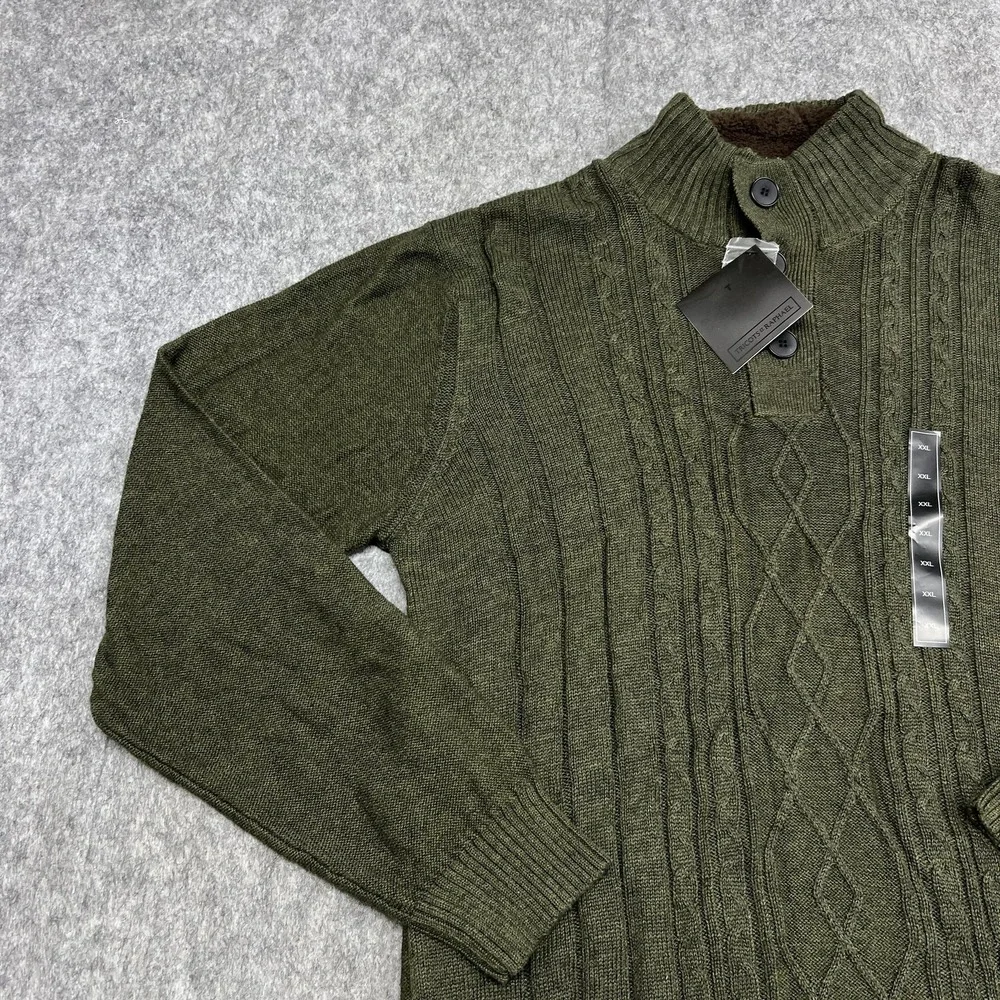Tricots St Raphael Sweater Mens 2XL Green Cable Knit‎ Mock Neck Button Pullover